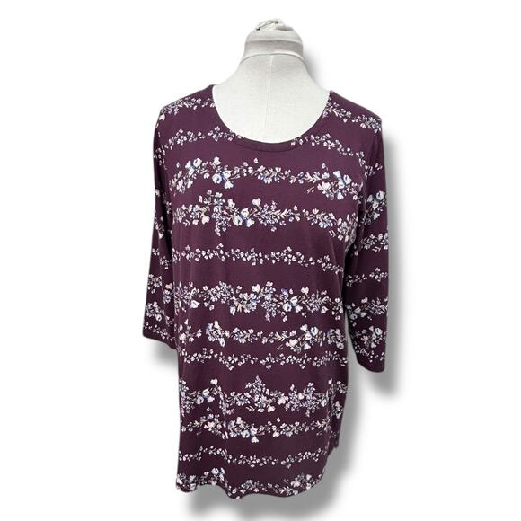 J. Jill Women's 3/4 Sleeve Luxe Supima A-Line Tunic, Deep Wine Floral, size L - Picture 1 of 10